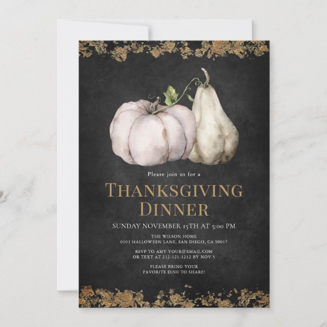 Chic Pumpkin Black & Gold Thanksgiving Dinner Einladung (Vorderseite)