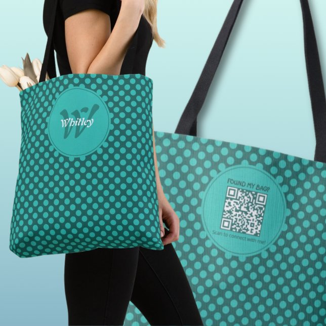 Chic-Punkte-Thema Smart Dynamic QR-Code Tasche (Chic Polka Dots Theme Smart Dynamic QR Code Tote Bag Front Monogram & Name)