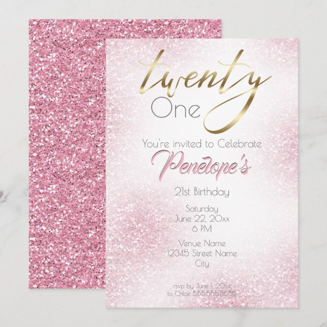 Chic Pure Pink Glitzer und Gold 21. Einladung (Vorne/Hinten)