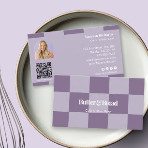 Chic Purple Bakery-Logo Scheckiertes Gebäck QR-Fot Visitenkarte