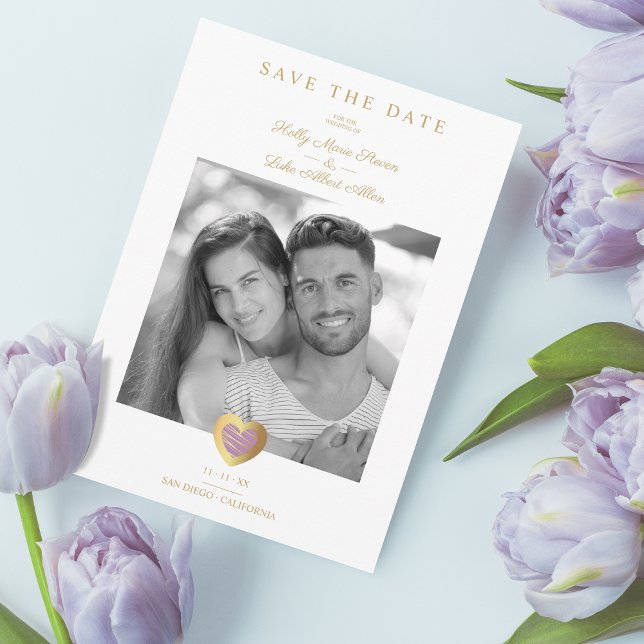 Chic Purple & Gold Heart Photo Couple Wedding Save The Date (Von Creator hochgeladen)