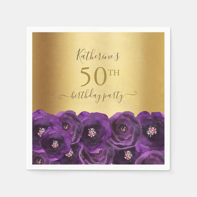 Chic Purple Rose Floral Gold 50th Birthday Party Serviette (Vorderseite)