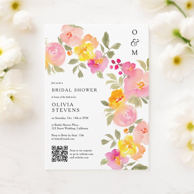 Chic Qr-Code-Foto-Brautparty Einladung (Floral monogram chic Qr code photo bridal shower Invitation)