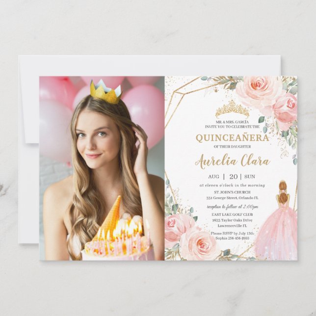 Chic Quinceañera Blush Pink Floral 15 Anos Foto Einladung (Vorderseite)