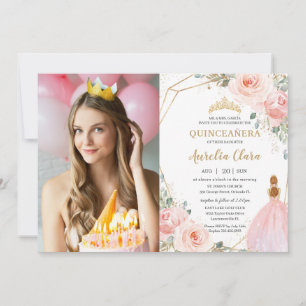Chic Quinceañera Blush Pink Floral 15 Anos Foto Einladung