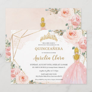 Chic Quinceañera Blush Pink Floral Blonde 15 Anos Einladung