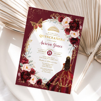Chic Quinceañera Burgundy Blush Bloral Butterfly Einladung