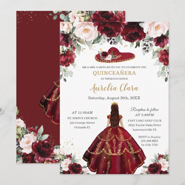 Chic Quinceañera Burgundy Blush Charro Hat Einladung (Vorne/Hinten)