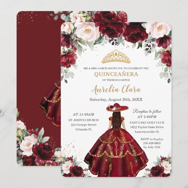 Chic Quinceañera Burgundy Blush Floral Charro Gold Einladung (Vorne/Hinten)