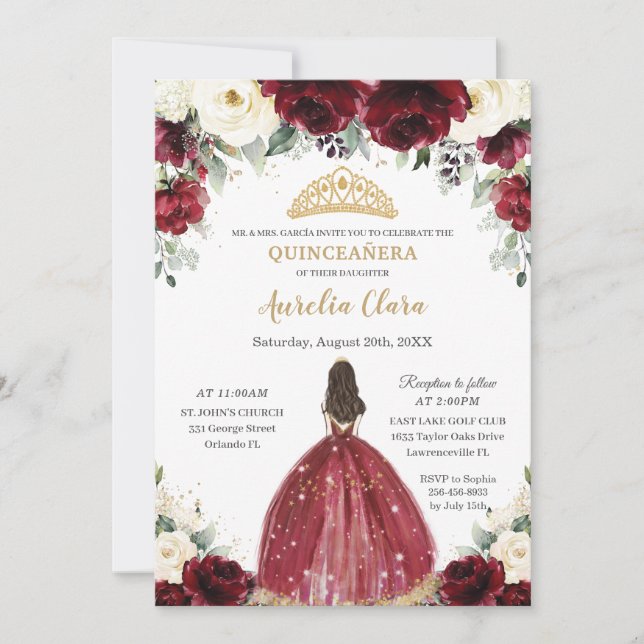 Chic Quinceañera Burgundy Ivory Bloral Prinzessin Einladung (Vorderseite)