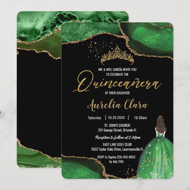 Chic Quinceañera Emerald Green Agate Princess Einladung (Vorne/Hinten)