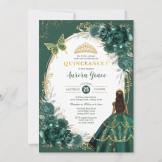 Chic Quinceañera Emerald Green Floral Butterfly in Einladung