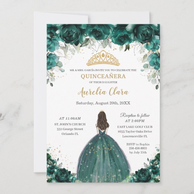 Chic Quinceañera Emerald Green Floral Princess Einladung (Vorderseite)