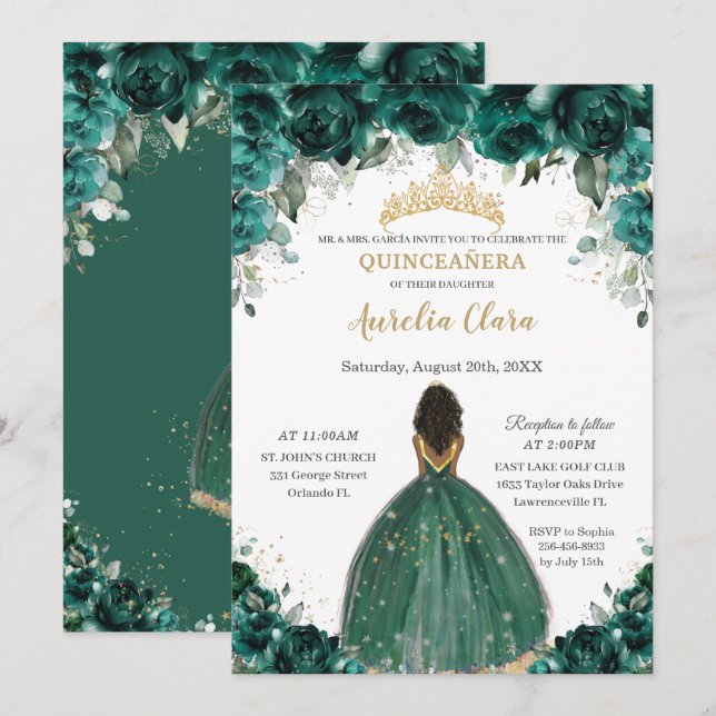 Chic Quinceañera Emerald Green Floral Princess Einladung (Vorne/Hinten)