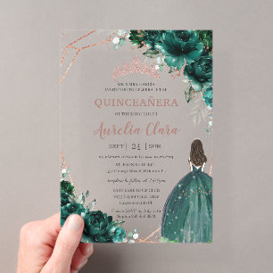 Chic Quinceañera Emerald Green Rose Gold Acryleinladungen