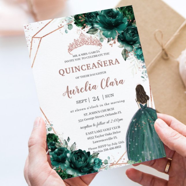 Chic Quinceañera Emerald Green Rose Gold Einladung (Von Creator hochgeladen)