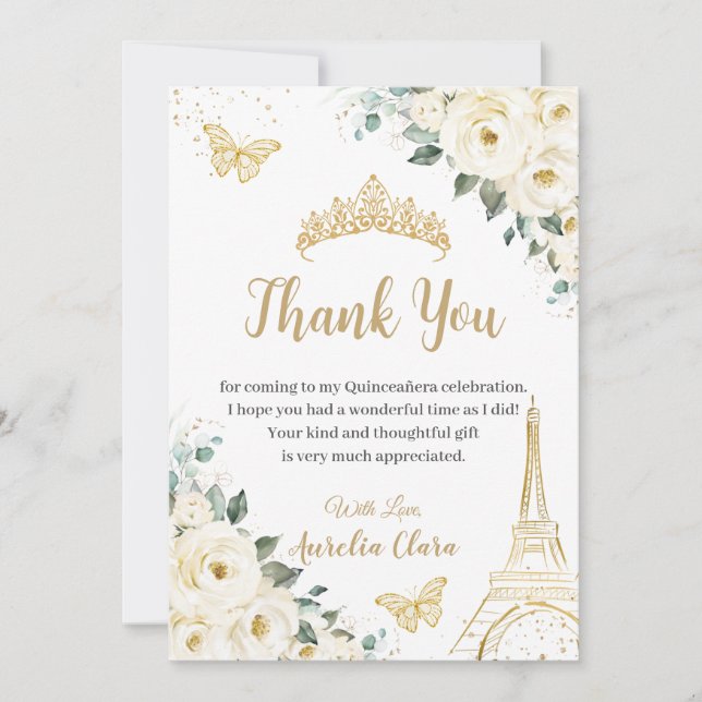 Chic Quinceañera Ivory Floral Eiffel 16. Geburtsta Dankeskarte (Vorderseite)