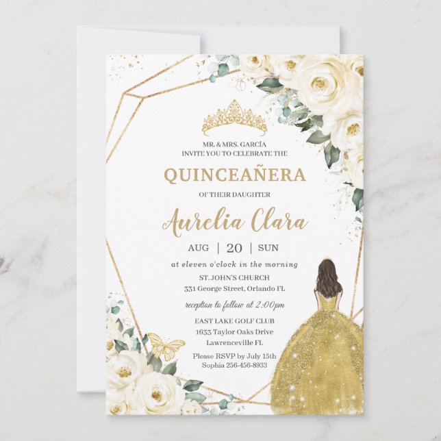 Chic Quinceañera Ivory White Floral Gold Prinzessi Einladung (Vorderseite)