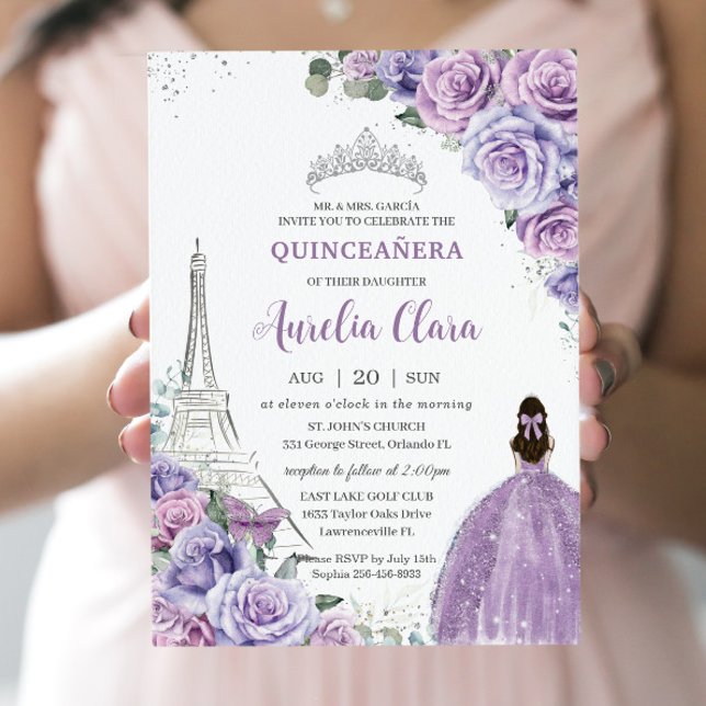 Chic Quinceañera Lila Floral Paris Eiffel Silver Einladung (Von Creator hochgeladen)