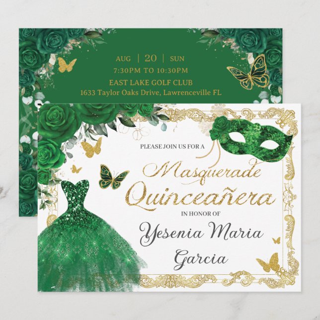 Chic Quinceañera Masquerade Emerald Green Floral I Einladung (Vorne/Hinten)