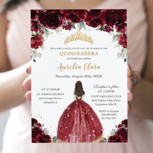 Chic Quinceañera Rich Burgundy Rote Floral Prinzes Einladung (Von Creator hochgeladen)