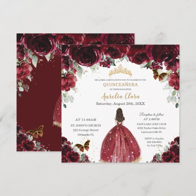 Chic Quinceañera Rich Burgundy Rote Floral Prinzes Einladung (Vorne/Hinten)