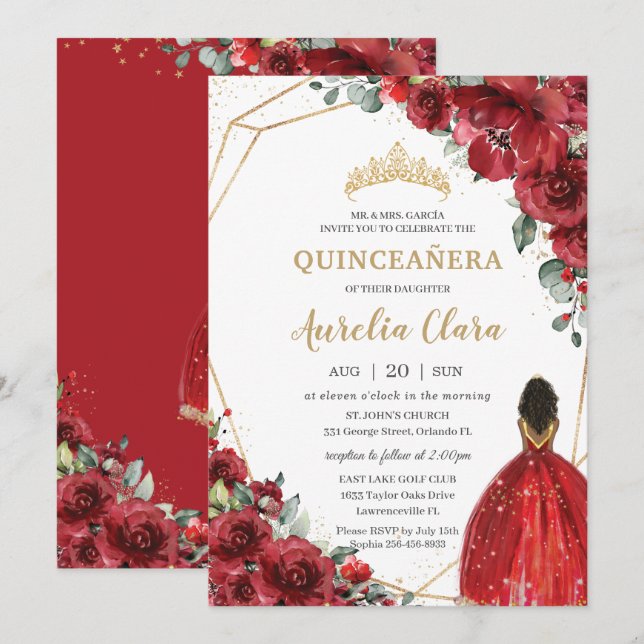 Chic Quinceañera Rote Blume Floral Brown Princess Einladung (Vorne/Hinten)