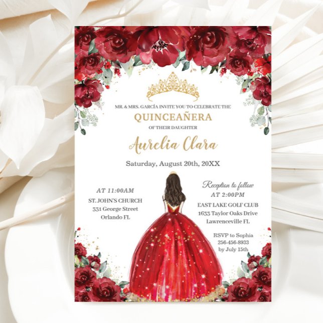 Chic Quinceañera Rote Florale Rose Princess Tiara Einladung (Von Creator hochgeladen)