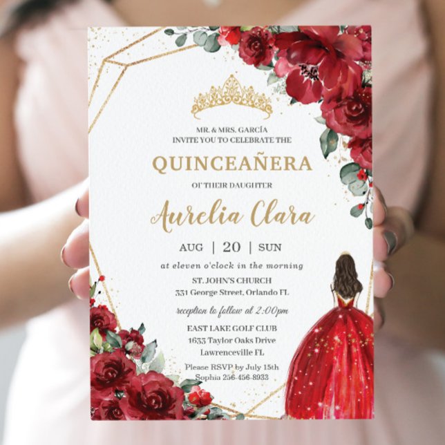 Chic Quinceañera Rote Rosen Blume Blumenprinzessin Einladung (Von Creator hochgeladen)