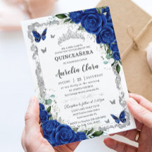 Chic Quinceañera Royal Blue Floral Vintag Silver