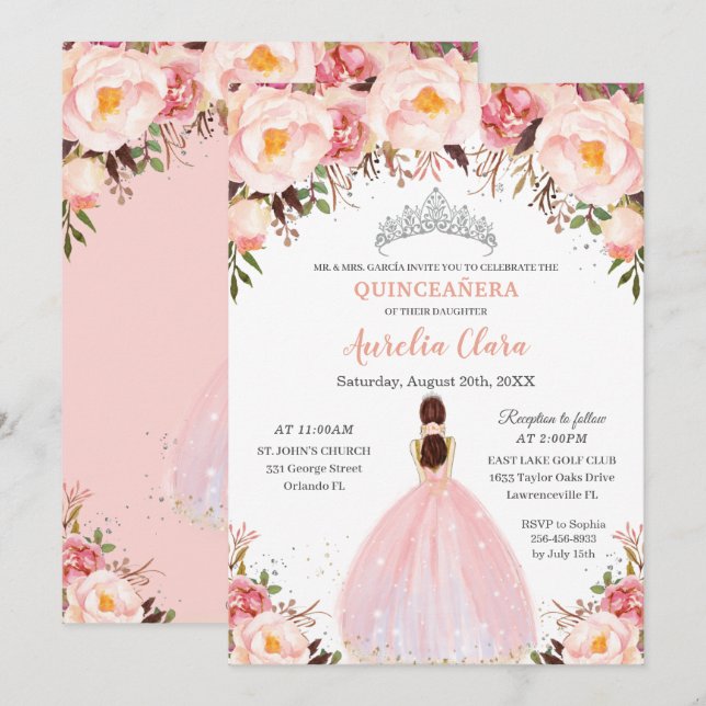 Chic Quinceañera Soft Blush Blues Prinzessin Silve Einladung (Vorne/Hinten)