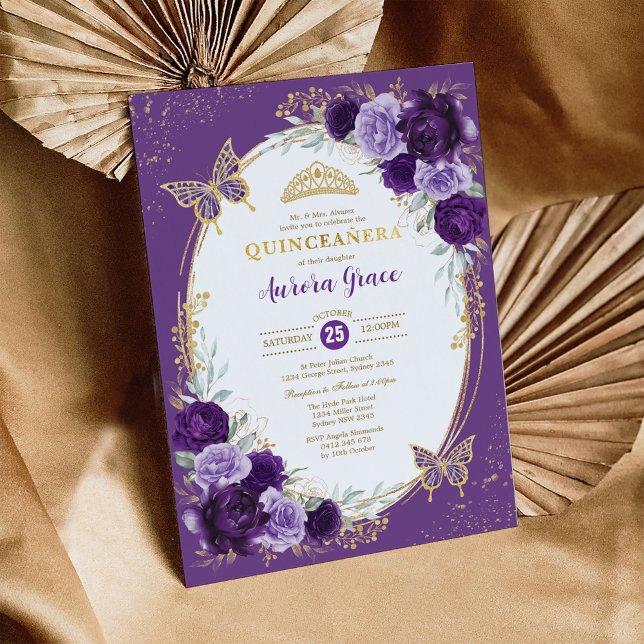Chic Quinceañera Violet Gold Blume Butterfly Einladung (Von Creator hochgeladen)