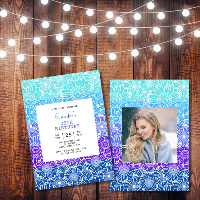 Chic Rainbow Blue Stripes Foto Geburtstag Einladung (Von Creator hochgeladen)