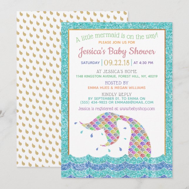 Chic Rainbow Glitzer Mermaid Baby Shower Einladung (Vorne/Hinten)