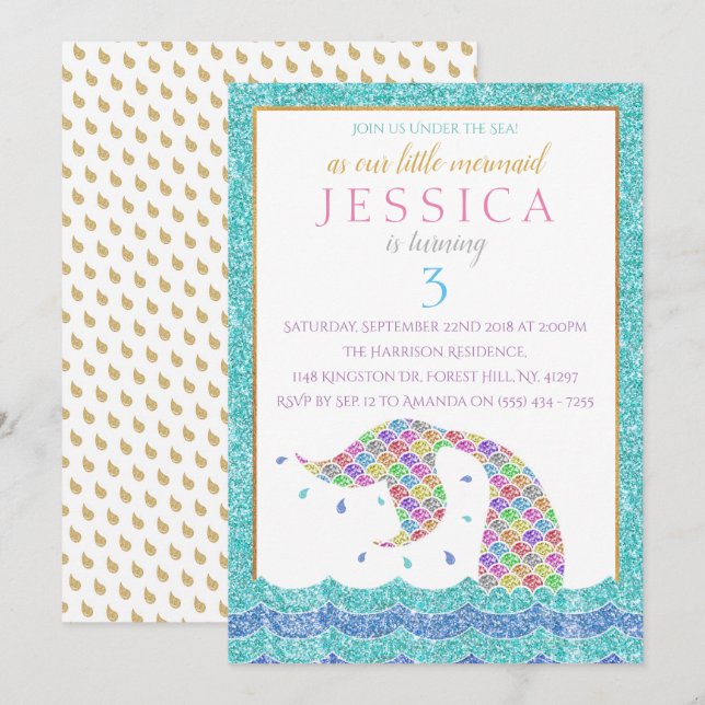 Chic Rainbow Glitzer Mermaid jedes Alter Geburtsta Einladung (Vorne/Hinten)