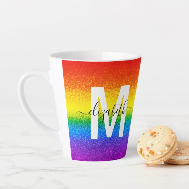 Chic Rainbow Glitzer Strip Monogramm Name Milchtasse (Beispiel)