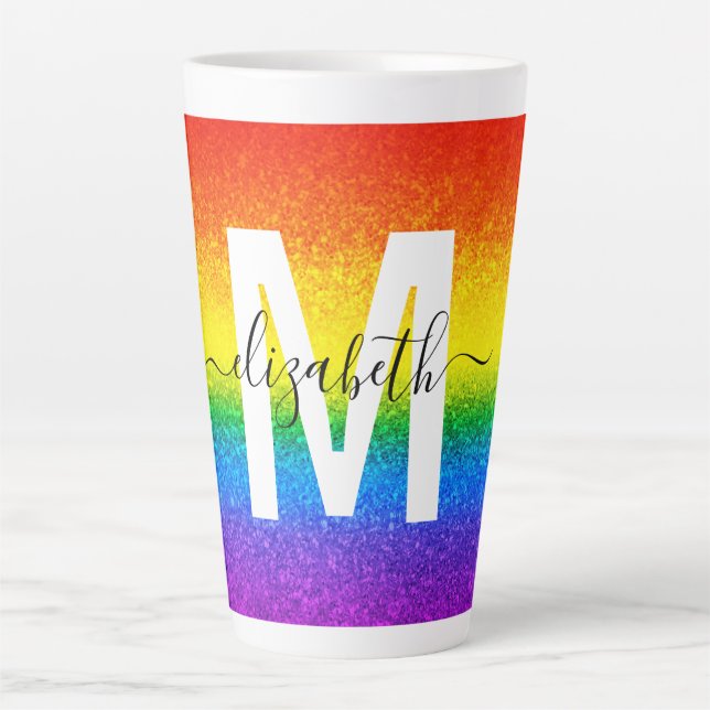 Chic Rainbow Glitzer Strip Monogramm Name Milchtasse (Vorderseite)