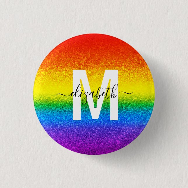 Chic Rainbow Glitzer Stripes Monogramm Name Button (Vorderseite)