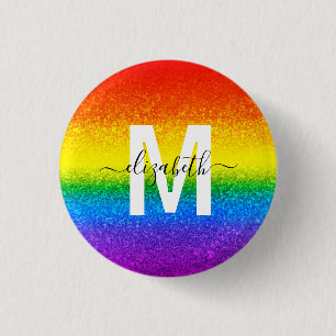Chic Rainbow Glitzer Stripes Monogramm Name Button