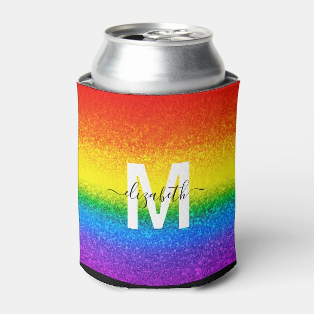 Chic Rainbow Glitzer Stripes Monogramm Name Dosenkühler (Kanne Vorderseite)