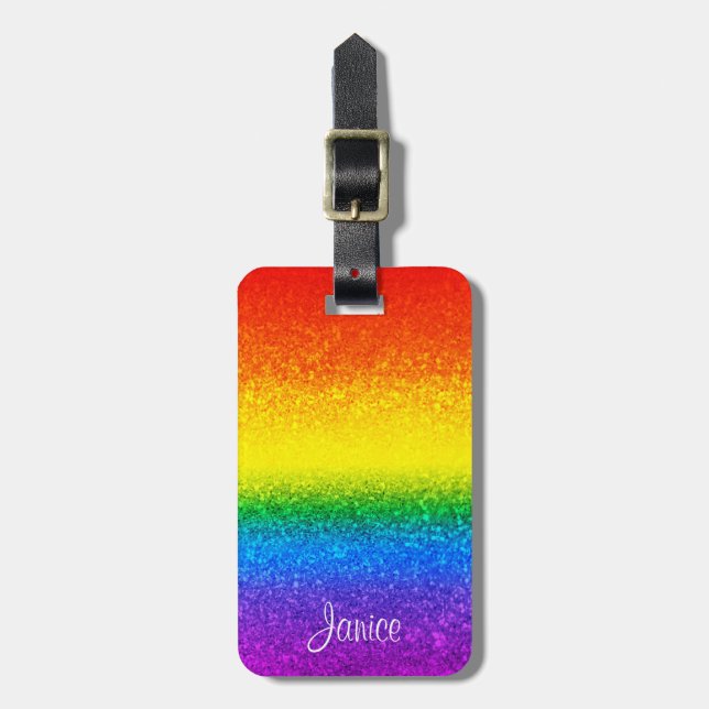 Chic Rainbow Glitzer Stripes Monogramm Name Gepäckanhänger (Vorderseite vertikal)