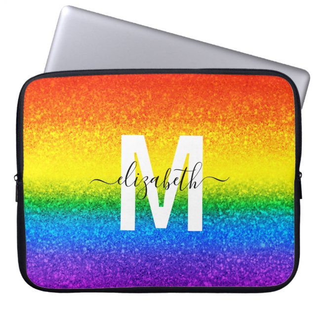 Chic Rainbow Glitzer Stripes Monogramm Name Laptopschutzhülle (Vorderseite)