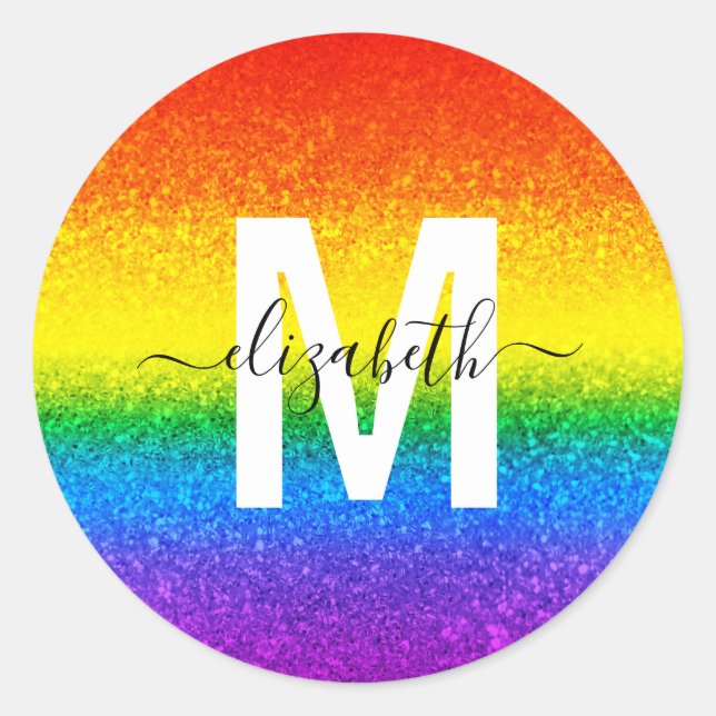 Chic Rainbow Glitzer Stripes Monogramm Name Runder Aufkleber (Vorderseite)