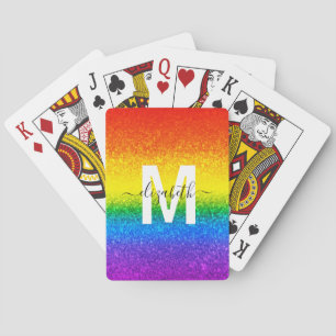 Chic Rainbow Glitzer Stripes Monogramm Name Spielkarten