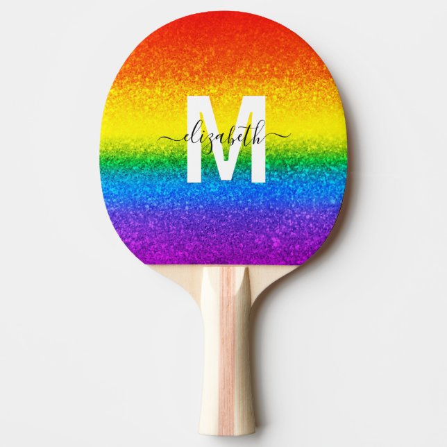 Chic Rainbow Glitzer Stripes Monogramm Name Tischtennis Schläger (Vorderseite)