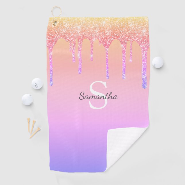 Chic Rainbow Glitzer Tropfen Sparkle Monogram Name Golfhandtuch (Insitu)