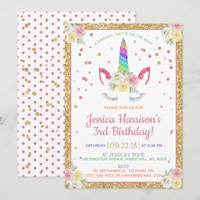 Chic Rainbow Glitzer vereint jedes Alter zum Gebur Einladung (Vorne/Hinten)