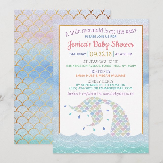 Chic Rainbow Watercolor Mermaid Baby Dusche Einladung (Vorne/Hinten)