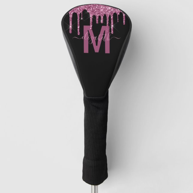 Chic Raspberry Driving Glitzer Monogram Name Golf Headcover (Vorderseite)