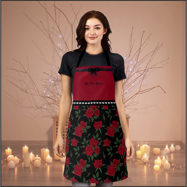 Chic Red and Black Rose Garden Fashion Schürze (Chic Rose Garden Kitchen Apron)